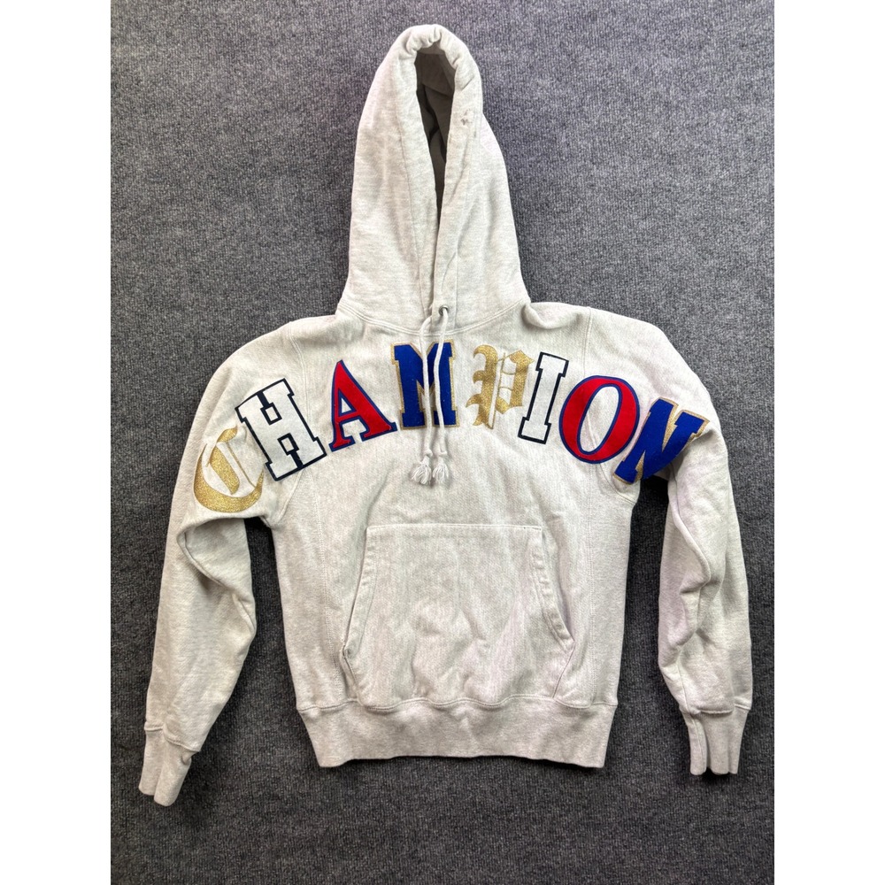 Champion Reverse Weave Hoodie Mens XS Grey Multi Color "Old English" Sweatshirt